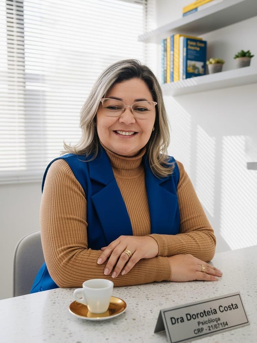 Doroteia Costa, psicóloga, sentada à mesa do consultório, sorrindo, com uma xícara de café à frente